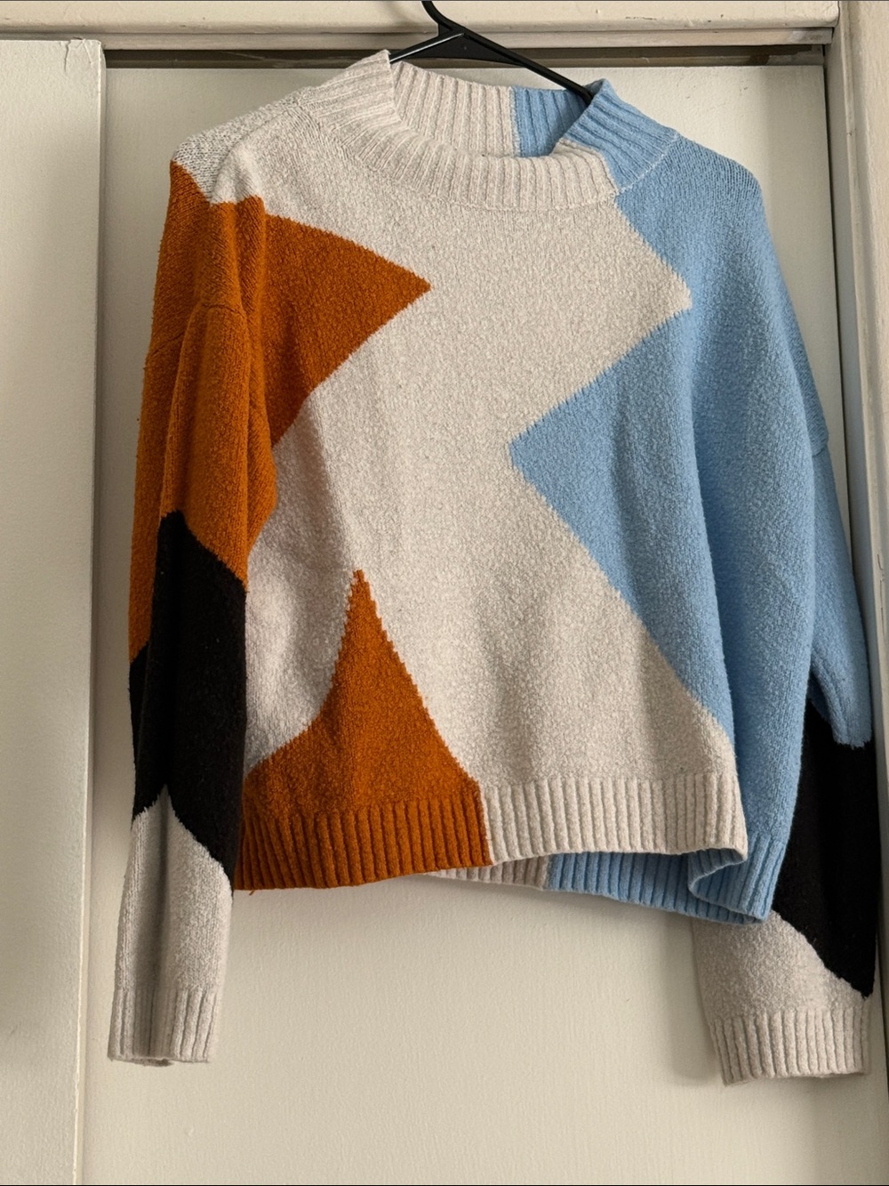 Lush Colorblock Cowl Sweater - White, Light Blue & Rust